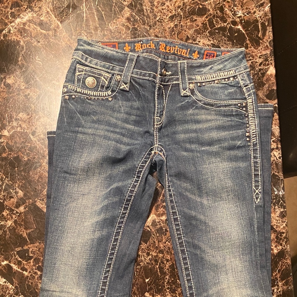 Rock Revival Dark Blue and Orange Stitch Jeans